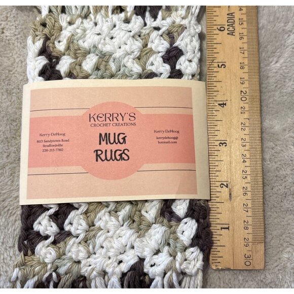 Handmade Crochet Mug Rugs Cotton Set of 2 Brown Beige White 4 x 6" without Fring - Picture 5 of 6